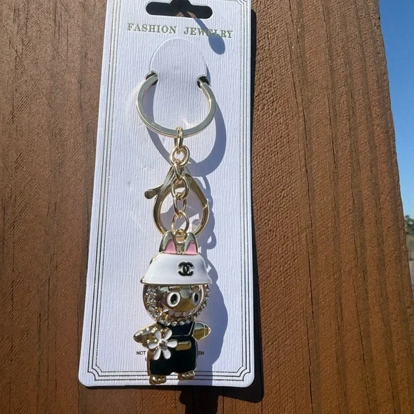 NWT Lafufu Black Pink and Gold Character Rhinestone Keychain - Picture 3 of 5